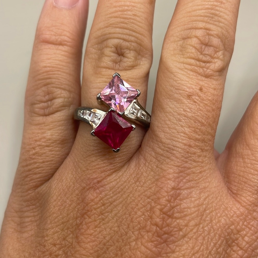 Vintage Silver Tone Pink Rhinestone Large Cocktail Statement Ring Size 7